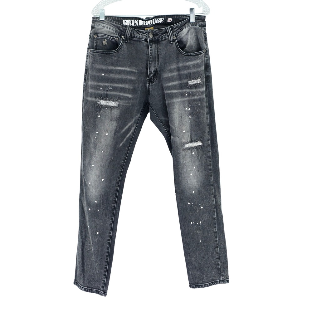 Grindhouse Denim Jeans Men 34 Gray Paint Splatter Distressed Rhinestone Slim Fit